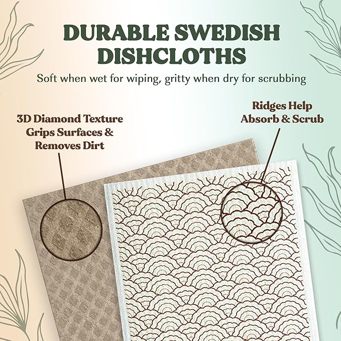 FEBU Swedish Dishcloths for Kitchen | 5 Pack Botanique Reusable Paper Towels Washable | Swedish Dish Towels | Non-Scratch Cellulose Sponge Cloths | No Odor, Biodegradable Cleaning Cloths