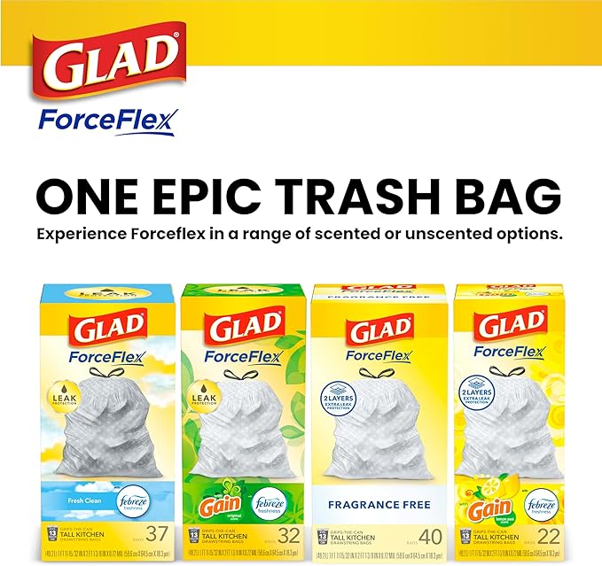 Glad ForceFlex Tall Kitchen Drawstring Trash Bags, 13 Gal, Fragrance Free, 80 Ct (Package May Vary)
