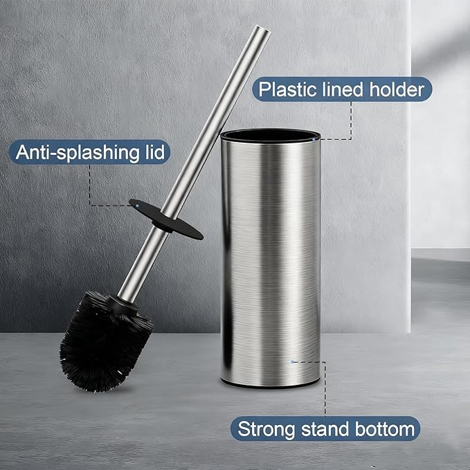 Toilet Brush and Holder Set, NEWRAIN Stainless Steel Toilet Brush with Long Brush Handle, Brushed Nickel Toilet Scrubber and Covered Holder, Round Design Sturdy and Space Saving, Covered Brush