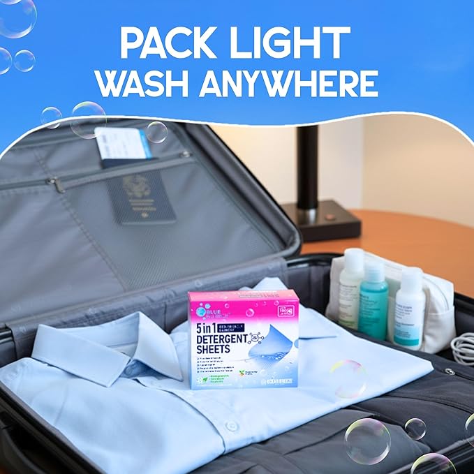 Laundry Detergent Sheets,Travel Laundry Sheet No Chemical Natural Eco Friendly Detergent, Dissolvable for sink wash Fresh &Clean Clothes, Liquidless Laundry Soap Up to 100 Loads By Blue Bubble