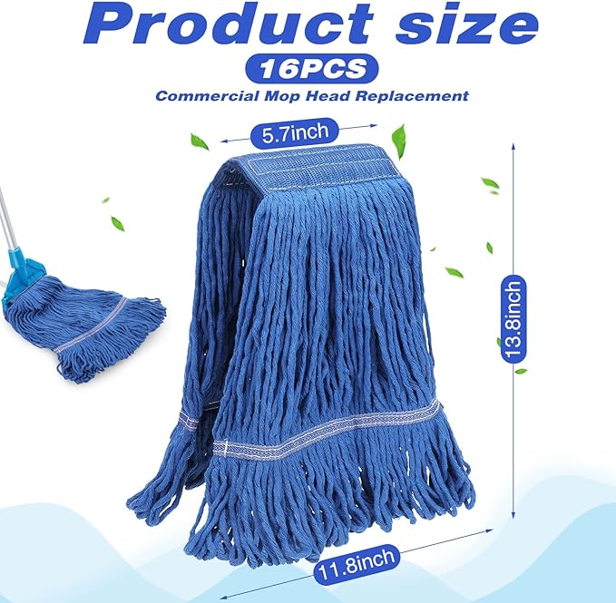 16 Pcs Commercial Mop Head Replacements 27.6 Inch Blue Looped End Heavy Duty Mop Heads Cotton String Industrial Cleaning Washable Mophead Refills for Commercial Industrial Home Cleaning