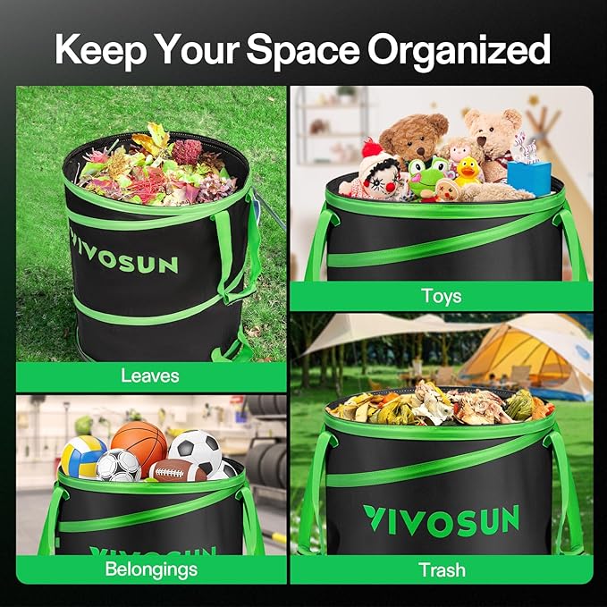 VIVOSUN 47-Gallon Collapsible Trash Can, Reusable Pop-Up Garden Bag with Hard-Shell Bottom, Leaf Scoops and Gloves, Yard Waste Container for Lawn Care and Camping