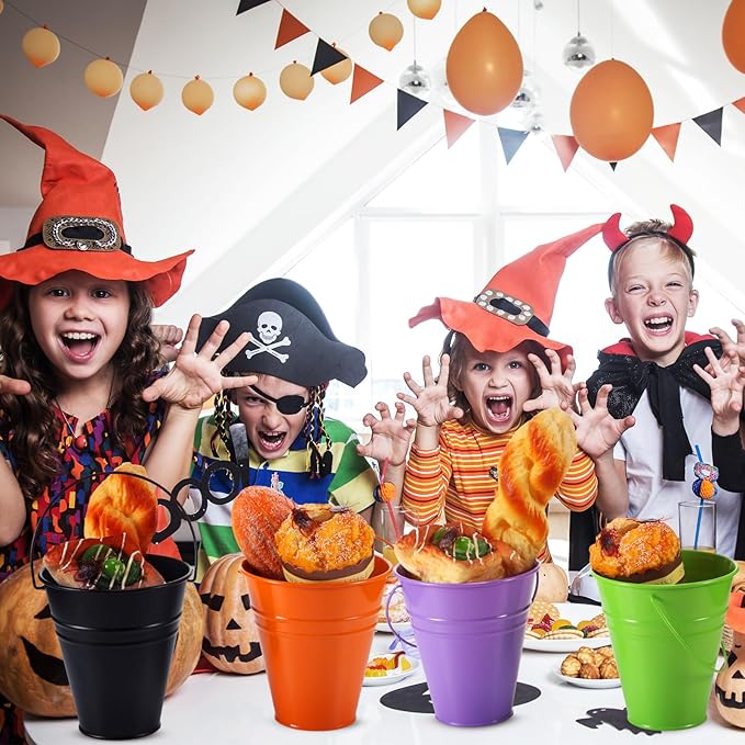 Sadnyy 12 Pack Metal Buckets with Handle, Galvanized Bucket 4.5 x 5 Inch Basket Bucket Party Supplies, Crafts for Christmas Halloween Candy Bars Vase Crafts(Horror Color)