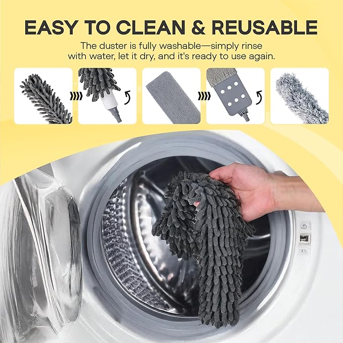 Microfiber Extendable Duster with Extension Pole Upto 100 Inch, 8 PCS Washable, Bendable, Reusable Long Handle Feather Dusters kit for Cleaning Ceiling Fan, High Ceilings, Blinds, Furniture & Cars