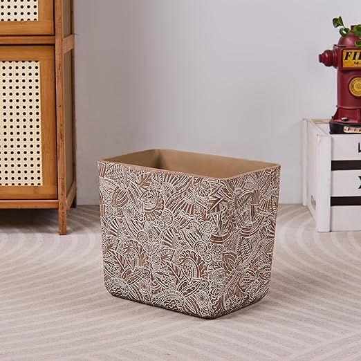Rustic Brown Tropical Leaves Carved Small Bathroom Trash Can 2.5 Gallon(9 Liter), Resin Heavy Sturdy Kitchen Garbage Can,Living Room Bedroom Trash Can, Decorative Wastebasket for Home, Garden, Office