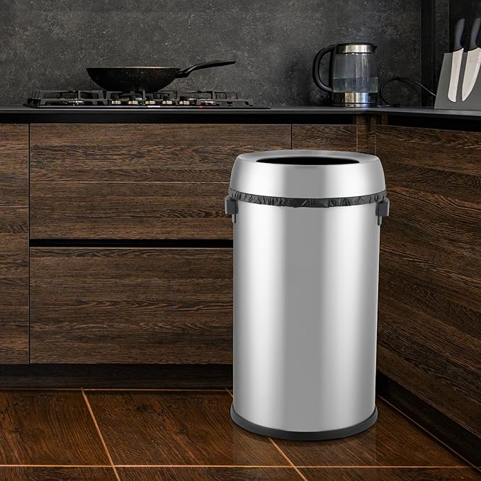 Towallmark 65L/17Gal Heavy Duty Open Top Commercial/Kitchen Trash Can, Fingerprint-Resistant Waste Bin for Office Bedroom Restaurant, Brushed Stainless Steel