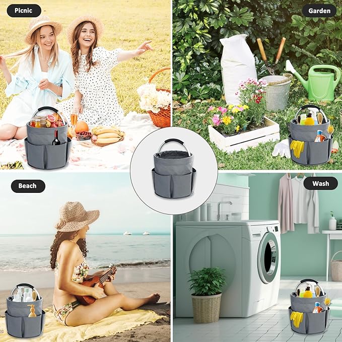 17L Cleaning Caddy with Handle, Cleaning Supplies Organizer, Foldable Storage Basket, Cleaning Supply Caddy, Portable Multi Cleaning Bucket Bag for Home, Garden (Grey)
