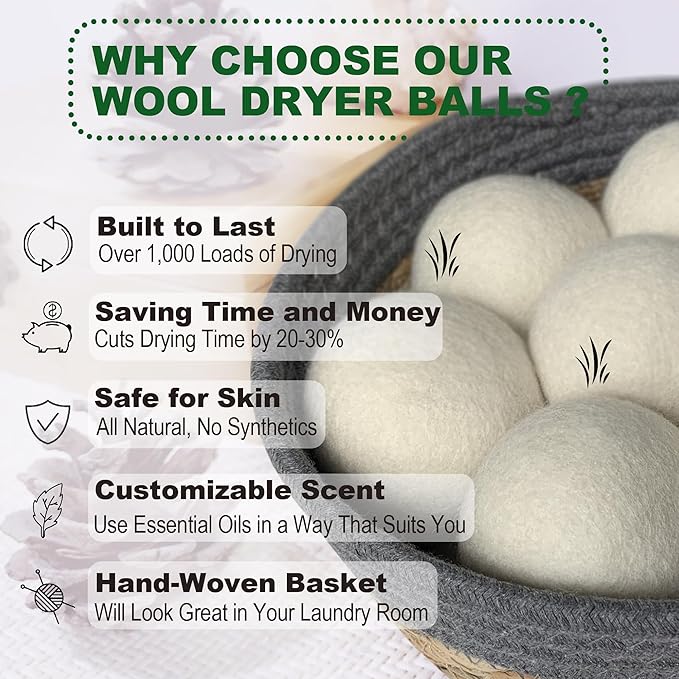 New Zealand Wool Dryer Balls | 7-Pack in Handmade Basket | Speed Up Drying & Reduce Wrinkles | Natural Reusable Fabric Softener