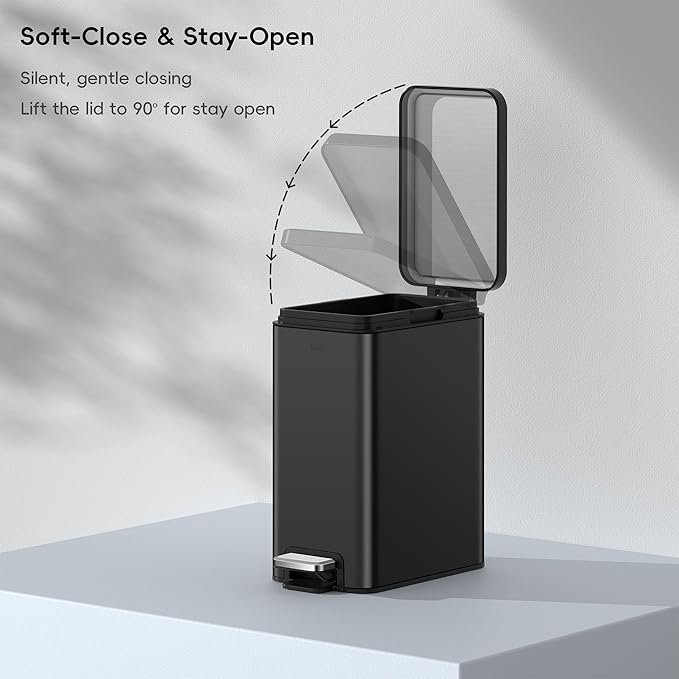 EKO Small Bathroom Trash Can with Lid Soft Close, Step Pedal, 6 Liter / 1.6 Gallon Stainless Steel Garbage Can with Removable Inner Bucket, Anti-Fingerprint Finish (Matte Black)