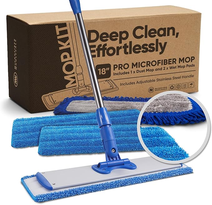 18” Pro Microfiber Hardwood Floor Mop - Cleans Floor in Seconds | Dust & Wet Mopping | Hardwood, Tile, Laminate & Vinyl with 3 Washable Pads, No Buckets Needed with Deluxe Household Mop