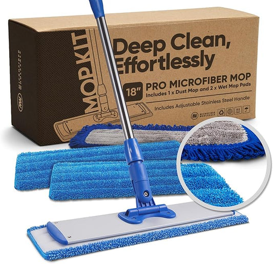 18” Pro Microfiber Hardwood Floor Mop - Cleans Floor in Seconds | Dust & Wet Mopping | Hardwood, Tile, Laminate & Vinyl with 3 Washable Pads, No Buckets Needed with Deluxe Household Mop