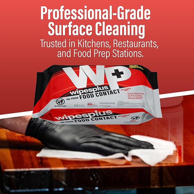 WIPESPLUS No-Rinse Food Contact Wipes, Multi-Surface Wipe, Unscented for Home and Business, 960 Count, (12 Packs of 80)