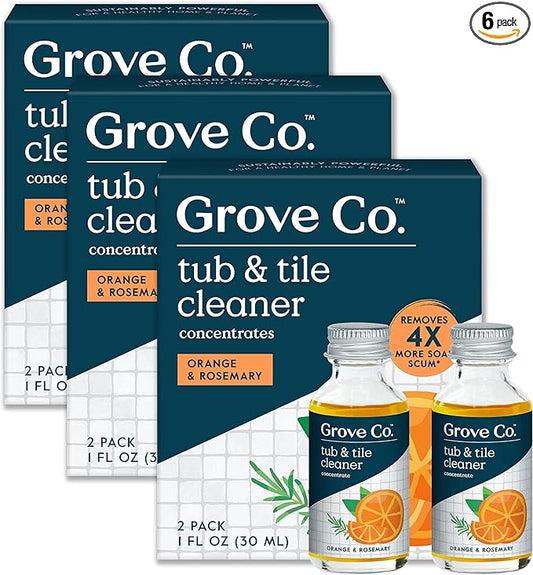 Grove Co. Tub and Tile Cleaner, Refill Concentrate (6 x 1 Fl Oz) Plant-Based Household Cleaning Supplies, No Plastic Waste, 100% Natural Orange & Rosemary Fragrance, 3 x 2 Pack Refills