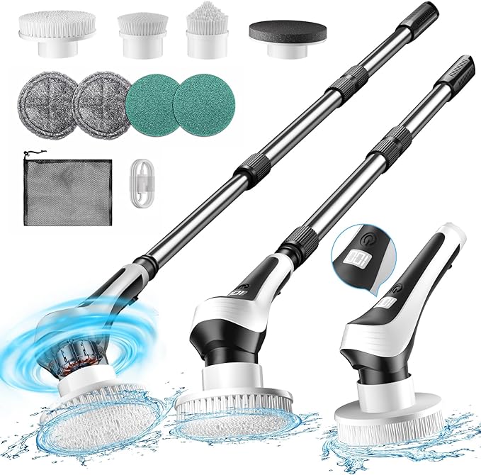 Electric Spin Scrubber,Cordless Shower Scrubber with Power Display Screen,IP68 Waterproof Bath Cleaning Brush,Adjustable Extension Handle & 2 Speeds,Electric Cleaning Brush for Bathroom,Kitchen,Tub