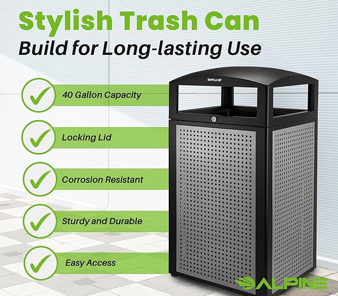 Alpine Outdoor Commercial Trash Can with Lid - 40 Gallon Heavy Duty Metal Garbage Can with Removable Bin, Locking Lid for a Modern Look in Parks, Malls, Parkings & High Traffic Areas (Black & Grey)