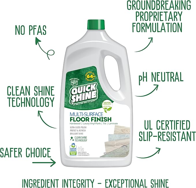 Quick Shine Multi Surface Floor Finish 64oz | Cleaner & Polish to use on Hardwood, Laminate, Luxury Vinyl Plank LVT, Tile & Stone | Safer Choice w/Clean Shine Technology | Shine-Protect-Refresh