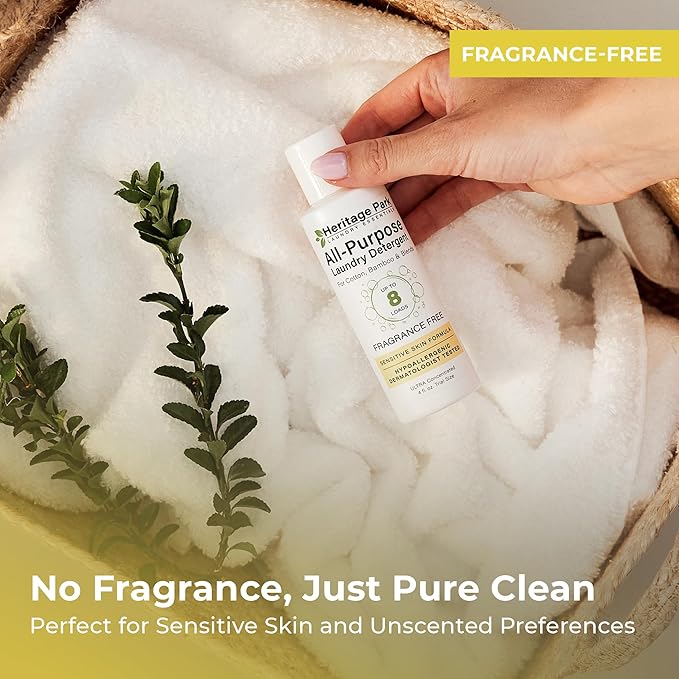 Heritage Park Luxury Laundry Detergent | Dermatologist Tested Plant based Natural & Enzyme Laundry Detergent | Sensitive Skin Friendly - Fragrance Free (4 fl oz Trial Size)