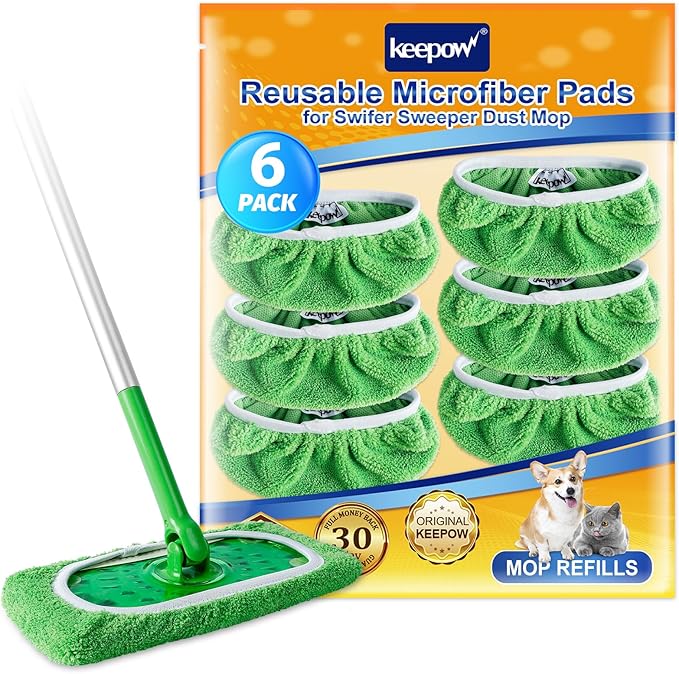 KEEPOW Reusable Wet Pads Refills Compatible with Swiffer Sweeper Mop, Dry Sweeping Cloths, Microfiber Wet Mopping Cloths for Hardwood Floor Cleaning, 6 Pack (Mop is Not Included)