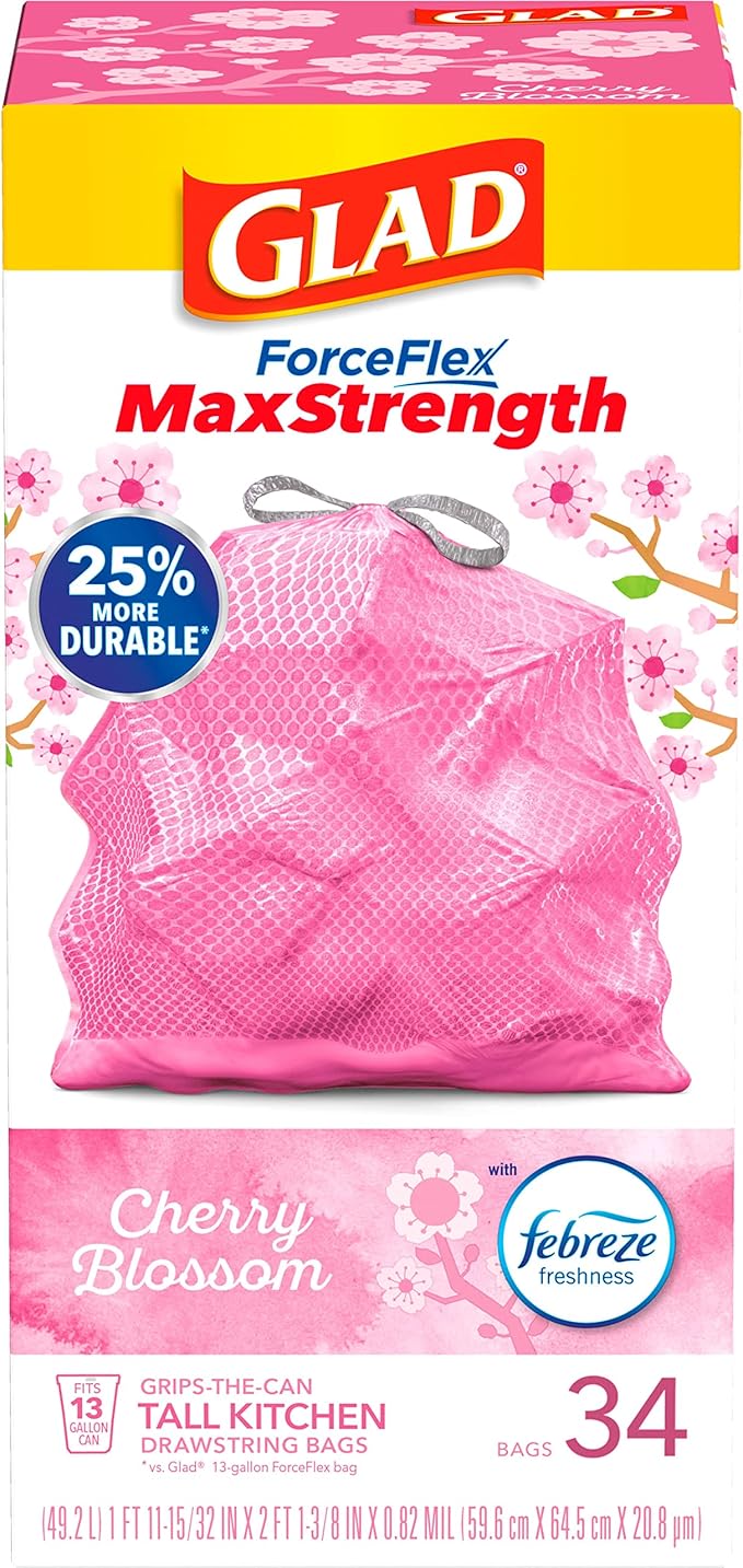 Glad Tall Kitchen Trash Bags 13 Gallon, MaxStrength Cherry Blossom Garbage Bags, Odorshield with Drawstring, 34 Count
