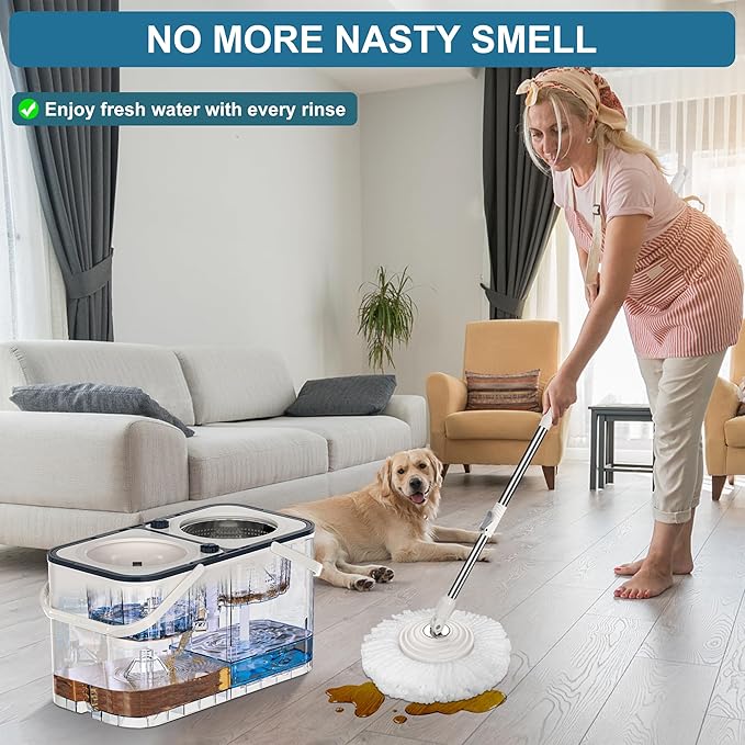 Mop and Bucket with Wringer Set for Home, Spin Mop and Bucket Separates Dirty and Clean Water,4-Chamber Mop Bucket, Best Household Cleaning Tools with 6 Replacement Mop Heads,4X Wheel