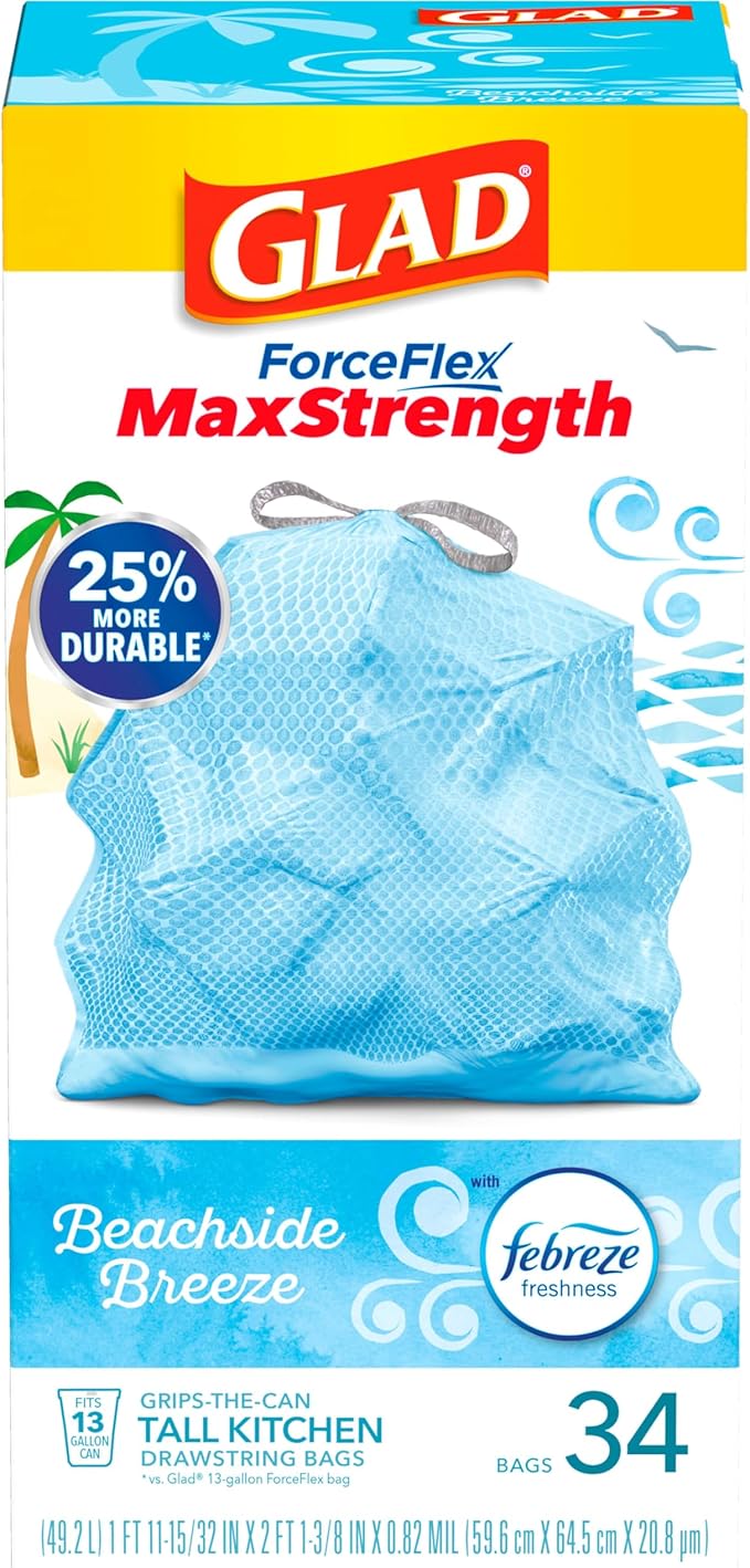 Glad Tall Kitchen Trash Bags 13 Gallon, MaxStrength Beachside Breeze Garbage Bags, Odorshield with Drawstring, 34 Count