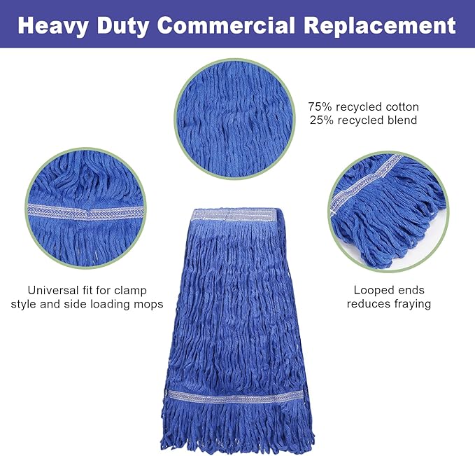 3 Pack Heavy Mop Replacement Head,Commercial Industrial Grade Blue Cotton Ring Heads,Cotton Looped End String Cleaning Mop Refills, Applied to Mop of Clamping Side-Loading Handles