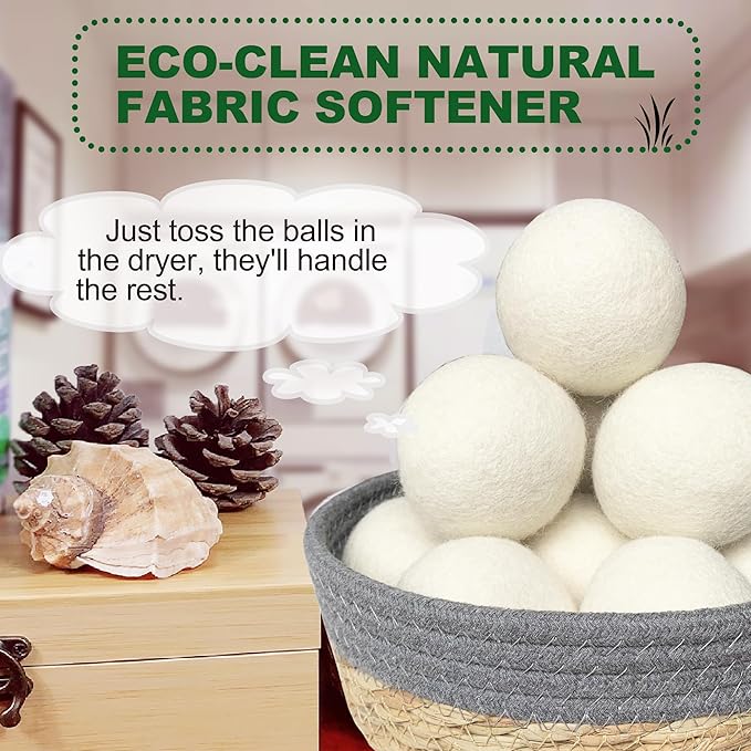 New Zealand Wool Dryer Balls | 7-Pack in Handmade Basket | Speed Up Drying & Reduce Wrinkles | Natural Reusable Fabric Softener