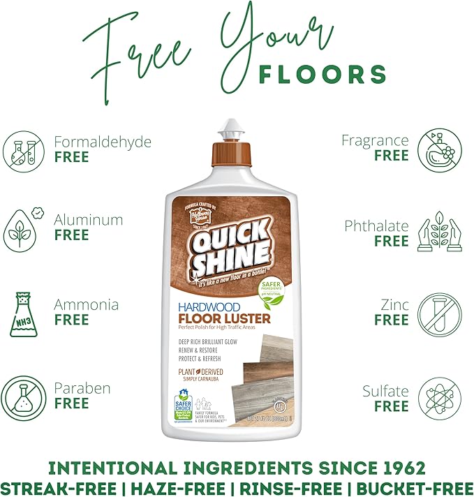 Quick Shine Hardwood Floor Luster-Polish 27oz-6pk | Plant-Derived w/Carnauba | Safer Choice, No PFAS, pH Neutral | Ready to Use Formula w/Anti-Slip Technology | Simply Squirt & Spread | Made in USA