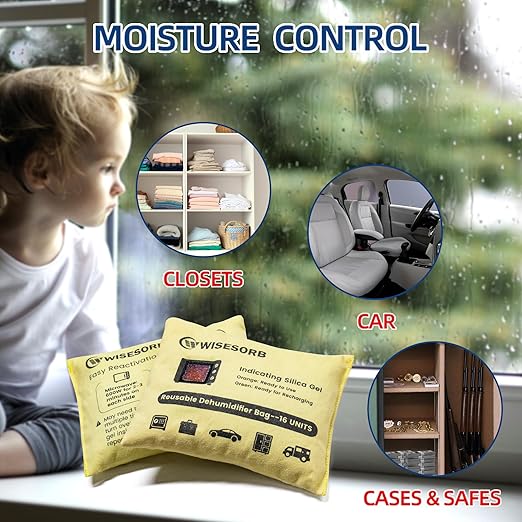 Rechargeable Gun Safe Dehumidifier, 4 Packs 16U Indicating Desiccant Packs with Transparent Window for Storage Reusable Silica Gel Packets Moisture Absorbers Safe Dehumidifier