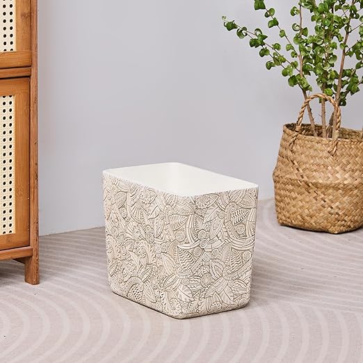 Rustic White Tropical Leaves Carved Small Bathroom Trash Can 2.5 Gallon(9 Liter), Resin Heavy Sturdy Kitchen Garbage Can,Living Room Bedroom Trash Can, Decorative Wastebasket for Home, Garden, Office