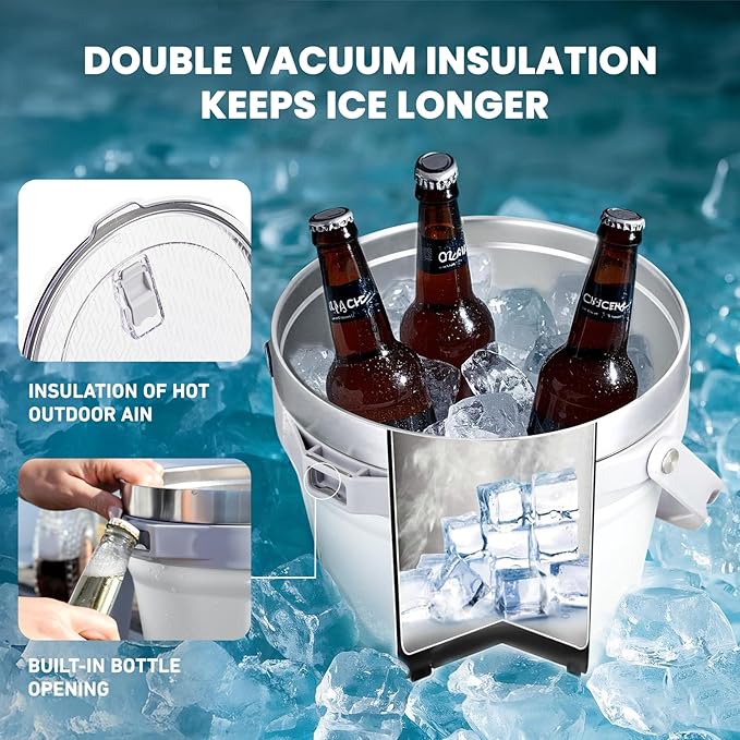 COKTIK 7L Insulated Ice Bucket with Lid，Double Wall Vacuum Stainless Steel Beverage Bucket Keeps Frozen Longer，Holds 6 Longnecks or 3 Bottles of Wine，for hot food, Large Parties(No Accessories, White)