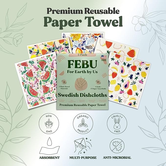 FEBU Swedish Dishcloths for Kitchen | 5 Pack Fruit Pattern Reusable Paper Towels Washable | Swedish Dish Towels | Non-Scratch Cellulose Sponge Cloths | No Odor, Biodegradable Cleaning Cloths