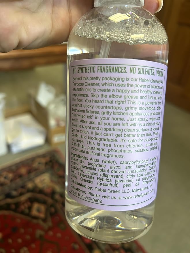 Rebel Green Natural All-Purpose Cleaning Spray - Plant-Based Multi-Surface Cleaner with Essential Oils for Kitchen, Bath, Countertops and More - Lavender & Grapefruit Scent - 16 oz - 2 Pack
