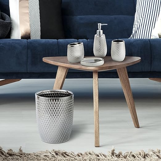 Modern Round Silver Small Trash Can Wastebasket, Garbage Container Bin for Bathrooms, Powder Rooms, Kitchens, Home Offices - Durable Ceramics - Round