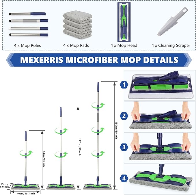 MEXERRIS Microfiber Mops for Hardwood Laminate Tile Floor Cleaning: Stainless Steel Handle - 4 Reusable Flat Mop Refills and 1 Dirt Removal Scrubber Included - Dry Dust Mop Commercial Home Use