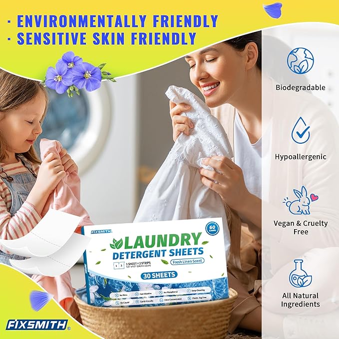 FIXSMITH Laundry Detergent Sheets - 60 Loads (30 Sheets) Fresh Linen Scent - Hypoallergenic,Eco Friendly Laundry Soap Sheets Ultra-Concentrated Travel Detergent Sheets.Plastic-Free,Liquidless.