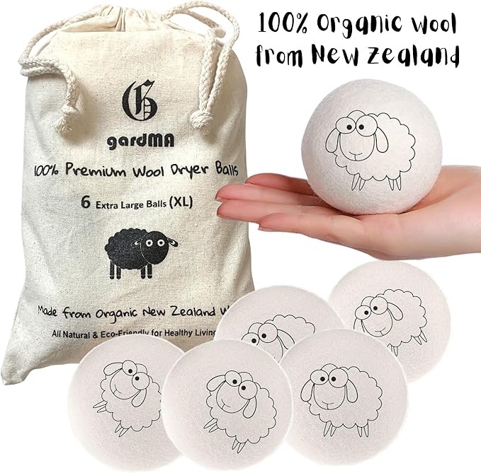 Wool Dryer Balls Organic Premium | 6 Balls XL, Ethically & Humanely Made, Natural Fabric Softener, Laundry Dryer Balls Reusable, Wrinkle Release, Organic Fabric Softener Ball, Say No! to Dryer Sheets