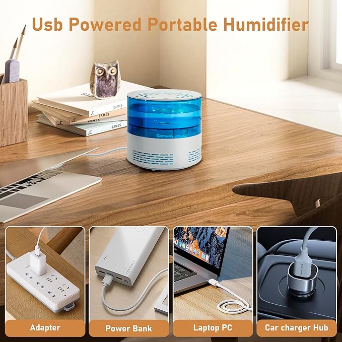 Small Humidifiers for Bedroom, 3in1 Desk Humidifier for Office USB with Essential Oil Diffuser 7LED Quiet Easy Clean, Portable Humidifiers for Travel Home Plant Nightstand Hotel Nursery