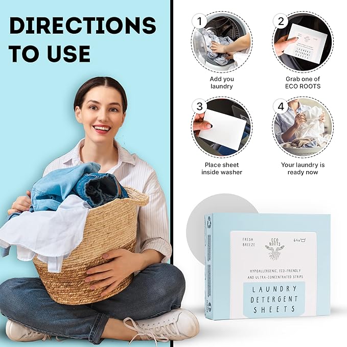 Eco Roots Laundry Detergent Sheets – 64 Loads Eco-Friendly Fresh Breeze Laundry Sheets, Travel Size, Biodegradable & Hypoallergenic – Zero-Waste Detergent Alternative