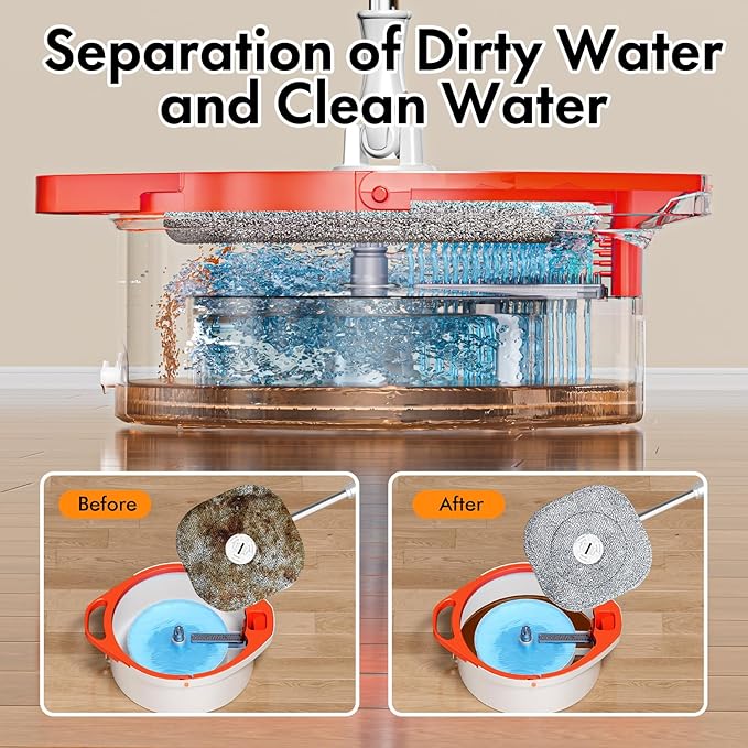 Spin Mop and Bucket with Separate Dirty and Clean Water,360° Spin Mop and Bucket System with Widening Foldable Handle,4 Replaceable Mop Pads,Square Mop for Floor Hardwood Marble Wall Cleaning