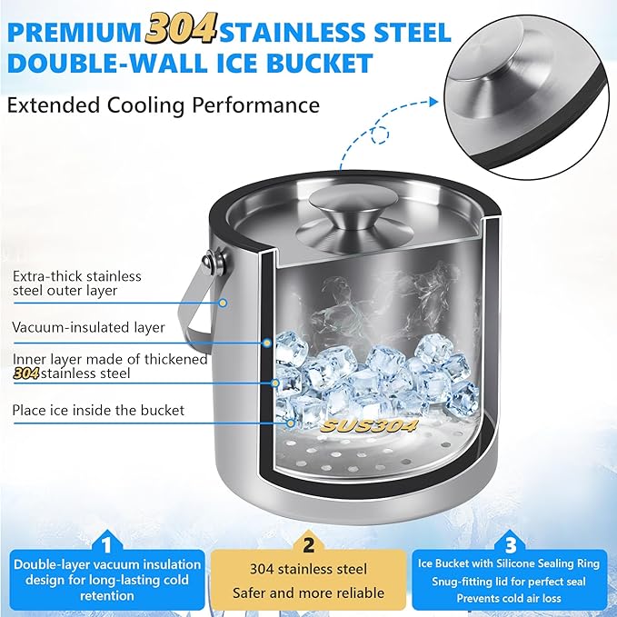 Ice Bucket, Ice Bucket with Silicone Sealing Ring Double-Wall Vacuum Insulation Champagne Buckets with Filter Layer Ice Tongs Ice Scoop (Silver, 3 L)