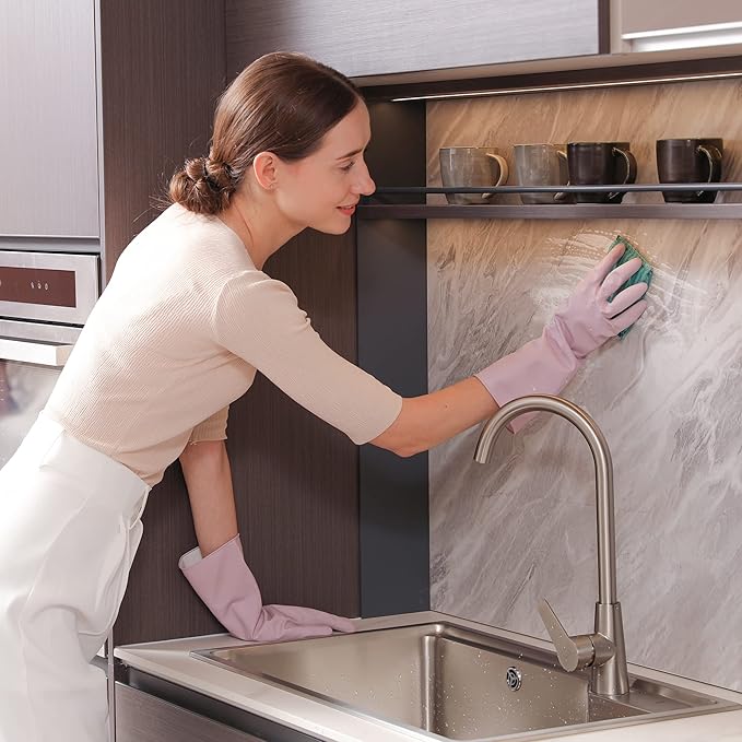 COOLJOB Medium Household Rubber Gloves with Cotton Liner & Non-slip Grip, Waterproof Long Lasting Dishwashing Gloves for Kitchen & Bathroom Cleaning, Purple, 1 Pair