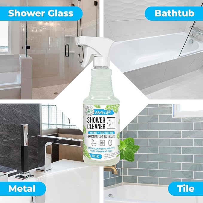 Mighty Mint Shower Cleaner, No-Rinse, No-Scrub, Daily Spray for Glass, Tile, Grout, Fresh Peppermint Scent, 16oz (Pack of 2)