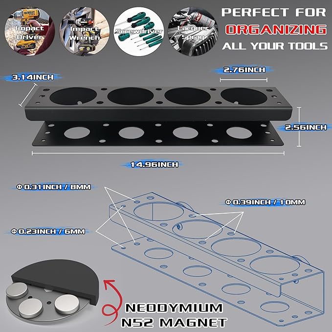 ULIBERMAGNET Magnetic Spray Can Holder,Magnetic Power Tool Organizer Rack,Heavy Duty Cup Drill Holder,Wall Mount Metal Tool Rack with Screwdriver, Cordless Drill, Spray Bottle, Utility Rack for Garage