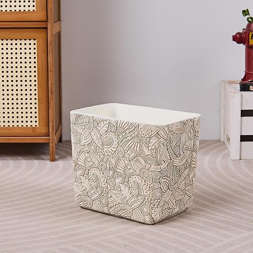 Rustic White Tropical Leaves Carved Small Bathroom Trash Can 2.5 Gallon(9 Liter), Resin Heavy Sturdy Kitchen Garbage Can,Living Room Bedroom Trash Can, Decorative Wastebasket for Home, Garden, Office