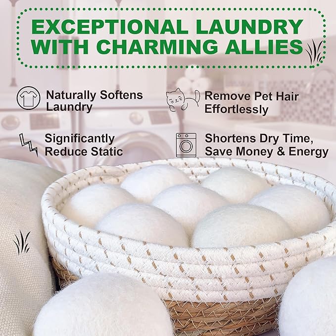 New Zealand Wool Dryer Balls | 7-Pack in Handmade Basket | Speed Up Drying & Reduce Wrinkles | Natural Reusable Fabric Softener