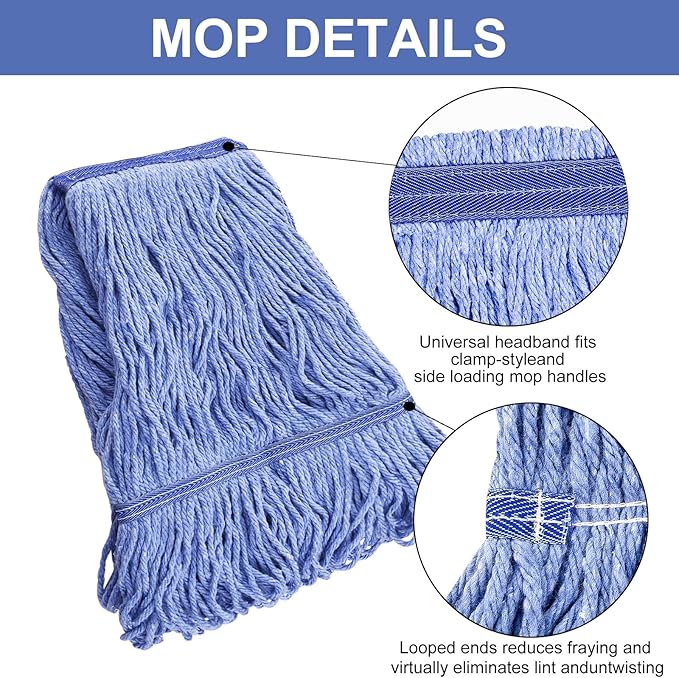 Mop Head Replacement for Heavy Duty Commercial Mops for Floor Cleaning, Wet Industrial Blue Cotton Looped End String Head Refill (Pack of 4)