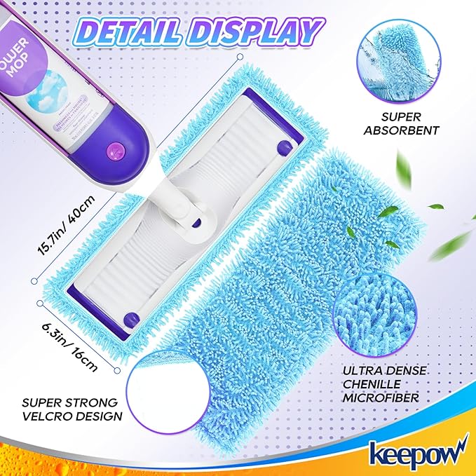 KEEPOW Reusable Mop Pads for Swiffer PowerMop - Microfiber Wet Mops Refills PowerMop Pads Refills Machine Washable Hard Floor Mop Pads Replacement for 13''-15'' Spray Floor Mops 4 Pack