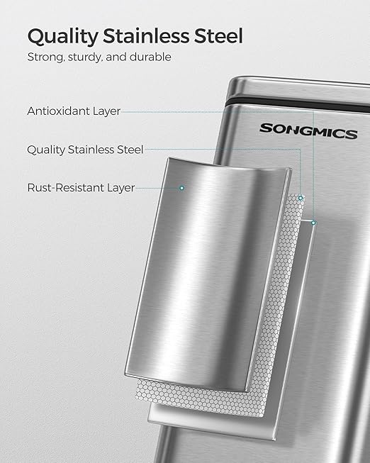 SONGMICS Bathroom Trash Can, 1.3 Gallon (5 L) Small Trash Bin with Lid, Slim for Small Spaces, Stainless Steel Garbage Can, Soft Close, Silver ULTB560E05