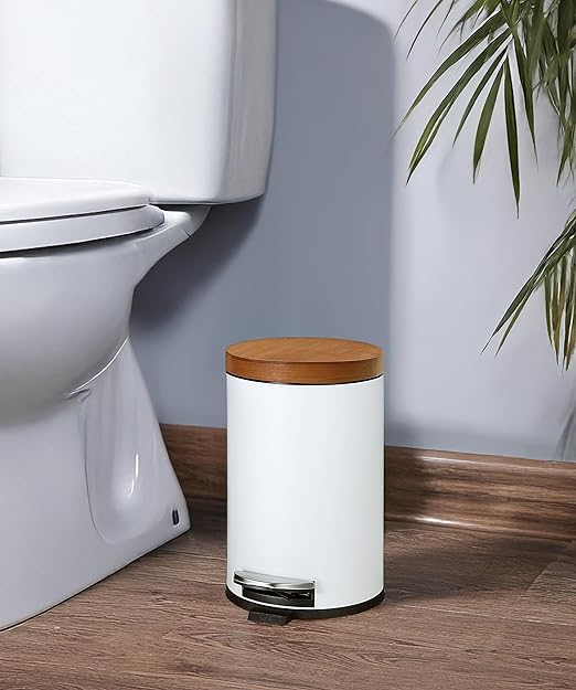 SunnyPoint Elite Bamboo Lid 4.5 Liter (1.2 Gallon) Round Trash Can with Plastic Inner Bucket; Bathroom, Office, Kitchen and Bedroom Step On and Slow Close (White)